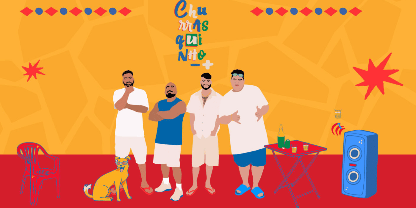 Ilustração digital em estilo vetorizado sobre um fundo amarelo e chão vermelho. No centro, quatro homens que integram o grupo Menos é Mais aparecem de bermuda e roupas casuais de verão. No topo, lê-se o título "Churrasquinho" com letras coloridas e desalinhadas. Completando o cenário festivo, há elementos simples em traços coloridos: uma cadeira de plástico vermelha à esquerda, um cachorro vira-lata de óculos escuros sentado, uma mesa de bar com garrafa e copos ao centro, e uma caixa de som azul à direita.