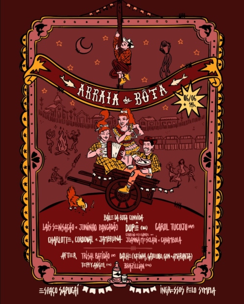 Este cartaz vertical anuncia o "Arraiá da Bota" com uma rica estética inspirada na literatura de cordel e na xilogravura, utilizando uma paleta de cores terrosas com tons de marrom, vermelho e amarelo. Toda a composição é emoldurada por uma borda decorada com estrelas e pequenas silhuetas de botos-rosa nos cantos. No topo, um homem aparece subindo o pau de sebo, logo acima de uma faixa vermelha onde está escrito o nome do evento, acompanhado por uma estrela no canto direito que indica a data e horário: 06/0