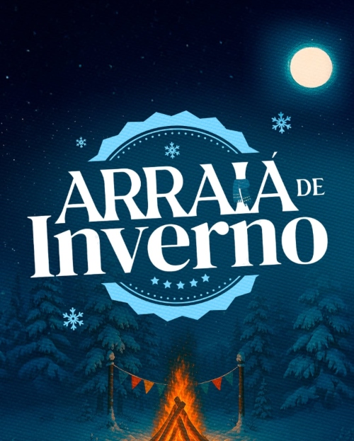 Este cartaz vertical anuncia o evento "Arraiá de Inverno" utilizando uma temática que mistura elementos juninos tradicionais com uma atmosfera gelada. O fundo exibe uma noite fria e estrelada sob o brilho de uma lua cheia isolada no canto superior direito. No centro, o título se destaca em letras brancas imponentes, parcialmente sobreposto a um grande selo circular azul-claro que é decorado com pequenas estrelas e flocos de neve flutuantes. A base da imagem contrasta o cenário frio de uma floresta de pinhei