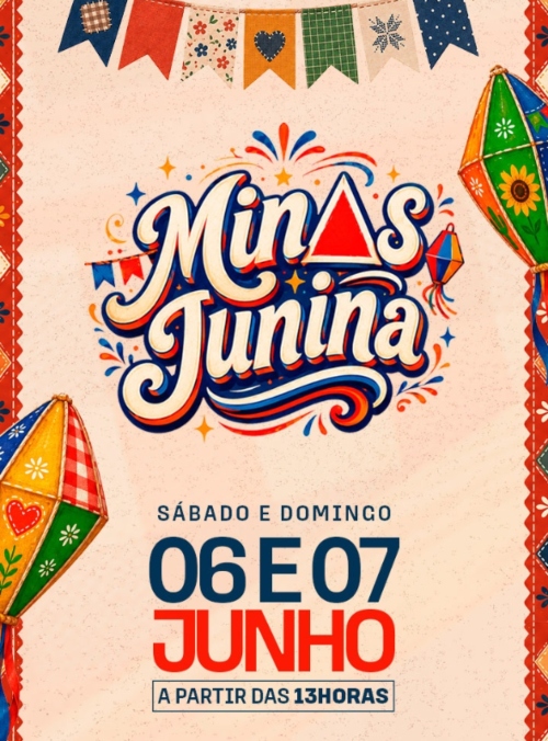 Este cartaz vertical anuncia o evento "Minas Junina" utilizando uma identidade visual limpa e festiva sobre um fundo bege texturizado. No topo, há um varal decorativo com bandeirinhas juninas feitas de diferentes estampas de tecido, como xadrez, floral e poá. O centro é dominado pelo título do evento em letras cursivas e volumosas nas cores azul, vermelho e amarelo, cercado por pequenos arabescos e estrelas brilhantes. Logo abaixo, as informações práticas ganham grande destaque em tipografia reta: as datas 