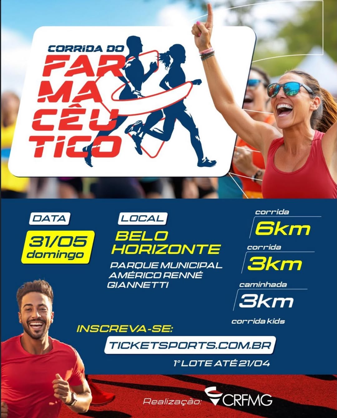 Banner de divulgação do evento em fundo azul e imagem de corredores. Textos em amarelo, branco e vermelho, com informações sobre data, local, modalidades e inscrições. 