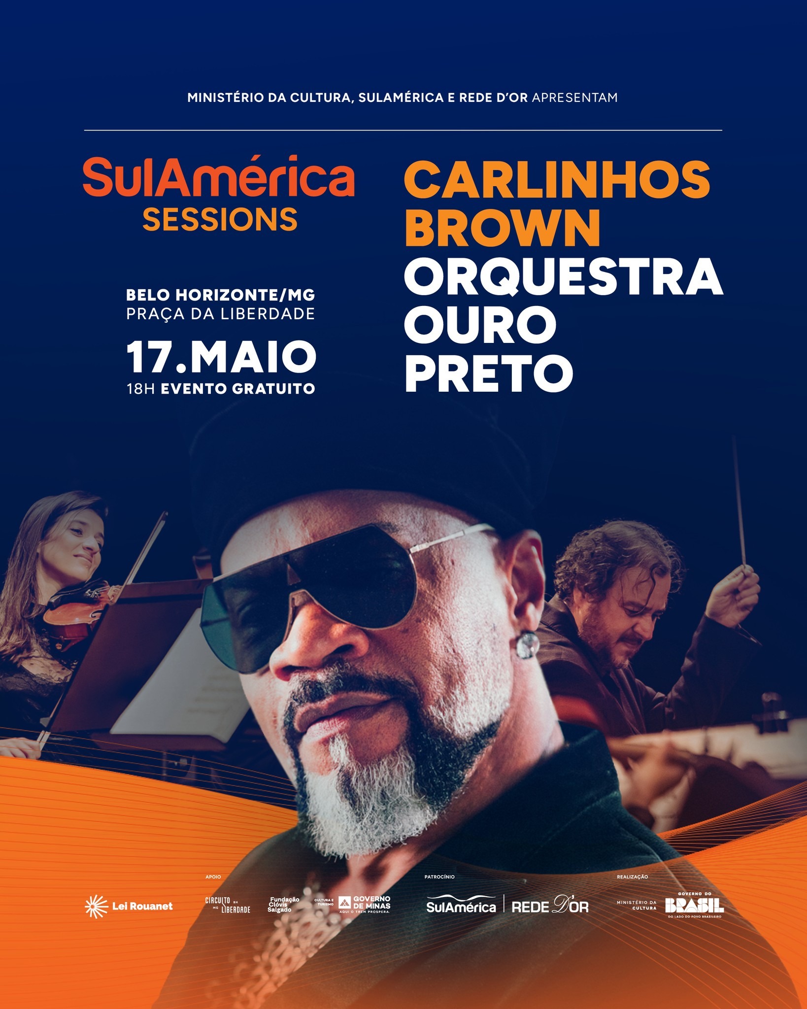 Flyer oficial de divulgação do evento: Carlinhos Brown e Orquestra Ouro Preto 