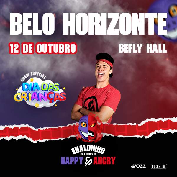 Cartaz de formato quadrado com fundo esfumaçado em tons de roxo e vermelho. No topo, destacam-se em letras garrafais brancas as informações: "BELO HORIZONTE — 12 DE OUTUBRO — BEFLY HALL". No centro, o influenciador Enaldinho aparece sorridente de braços cruzados, vestindo uma camiseta vermelha e uma faixa vermelha na cabeça.