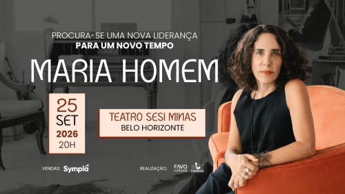 A imagem com fundo em tons de cinza mostrando o que parece ser um escritório com uma escrivaninha antiga. No lado direito, destaca-se a imagem colorida de uma mulher de cabelos cacheados escuros, vestindo uma blusa preta sem mangas, sentada em uma poltrona de cor laranja-escura e olhando para frente com as mãos entrelaçadas. No topo esquerdo, encontra-se a frase "PROCURA-SE UMA NOVA LIDERANÇA PARA UM NOVO TEMPO", posicionada logo acima do nome principal "MARIA HOMEM" em letras brancas garrafais. Abaixo do n