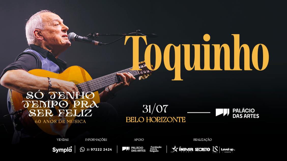 Foto de divulgação do show de turne do cantor Toquinho, contem foto do cantor centralizada e informações como data e local para o evento