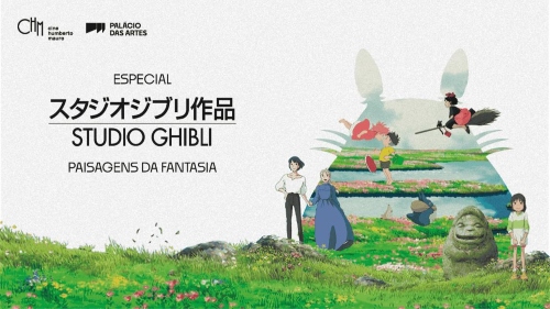 O cartaz divulga a mostra de cinema "Especial Studio Ghibli: Paisagens da Fantasia", realizada pelo Cine Humberto Mauro no Palácio das Artes. Com um fundo claro e um gramado verde florido em primeiro plano, a identidade visual do cartaz é composta por uma colagem de personagens marcantes das animações do estúdio japonês. Entre eles, destacam-se a silhueta gigante de Totoro ao fundo servindo de moldura para cenas de filmes como "Ponyo" e "A Viagem de Chihiro", além de figuras icônicas como Kiki voando em sua