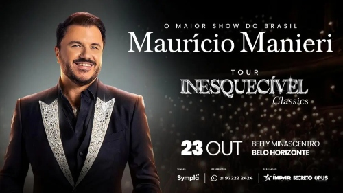Cartaz horizontal com fundo escuro que simula uma plateia iluminada por pontos de luz desfocados. No lado esquerdo, destaca-se a foto de meio-corpo do cantor Maurício Manieri, que aparece sorridente, vestindo um terno preto com lapelas prateadas brilhantes sobre uma camisa escura. No lado direito, o topo traz a frase "O MAIOR SHOW DO BRASIL" logo acima do nome do artista, "Maurício Manieri", escrito em letras brancas com serifa. Logo abaixo, o título do espetáculo é apresentado como "TOUR INESQUECÍVEL Clas