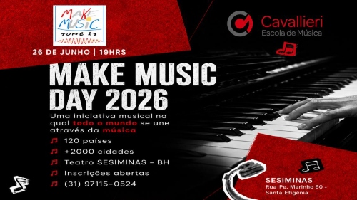O cartaz com design moderno nas cores preto, vermelho e branco, destacando no lado direito as mãos de uma pessoa tocando um piano de cauda. No topo esquerdo, sobre uma faixa vermelha texturizada, fica o logotipo quadrado do "MAKE MUSIC JUNE 21" acompanhado da data e horário 26 DE JUNHO | 19HRS. No topo direito, aparece a marca da Cavallieri Escola de Música.