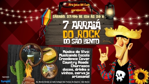 Cartaz horizontal com fundo xadrez vermelho e preto. No topo, uma placa de madeira rústica, pendurada por cordas e iluminada por uma lamparina e luzes pisca-pisca, traz o texto: "Sábado, 27/06 de 12h às 20h — 7º Arraiá do Rock do São Bento". À esquerda, um balão junino colorido flutua sobre a placa. No lado direito, destaca-se a ilustração de um caipira de olhos fechados, vestindo camisa xadrez sobre uma camiseta preta com estampa de caveira, fazendo o sinal do rock com a mão, ao lado de um girassol. No c