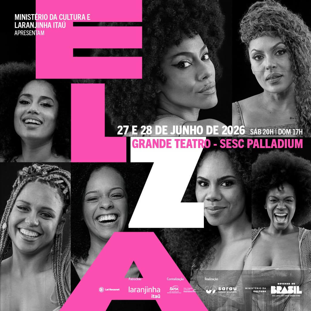 Foto de capa de divulgação para o musical "Elza" contendo foto das integrantes, data e local do evento