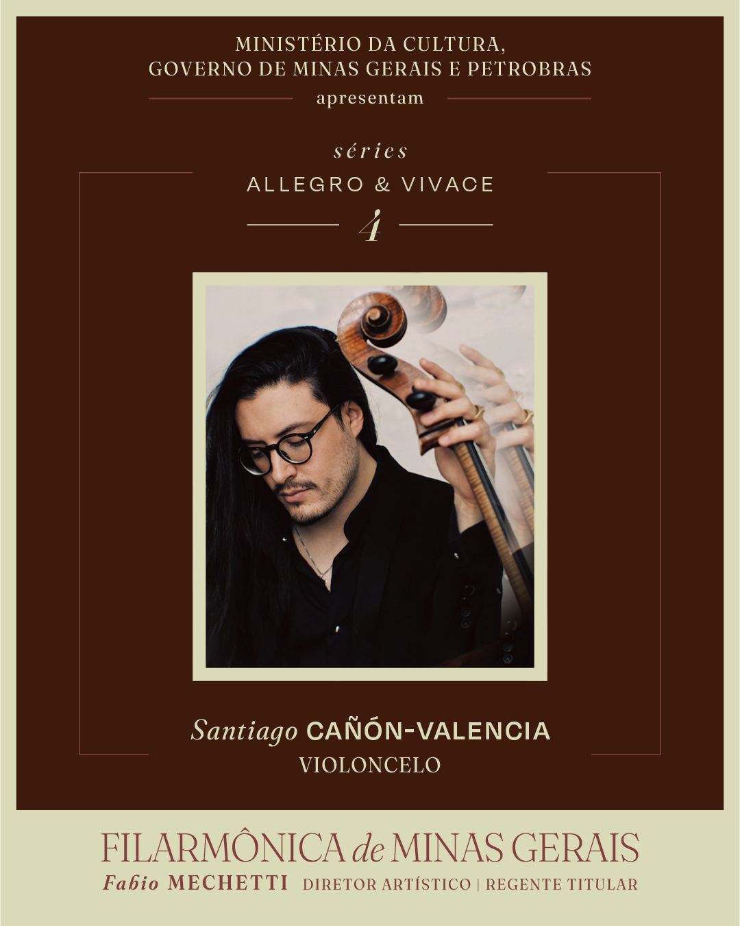 Foto de capa da serie da Filarmônica de Minas Gerais "Allegro e Vivace 4", com foto central do violinista colombiano Santiago Cañón-Valencia