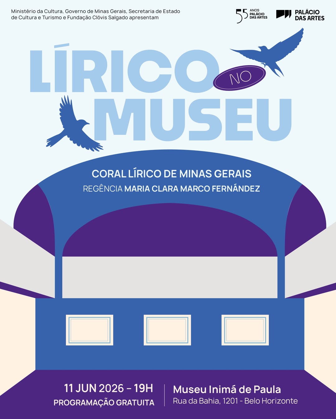 Foto de capa em tons de azul, com a representação de um teatro e pássaros voando 