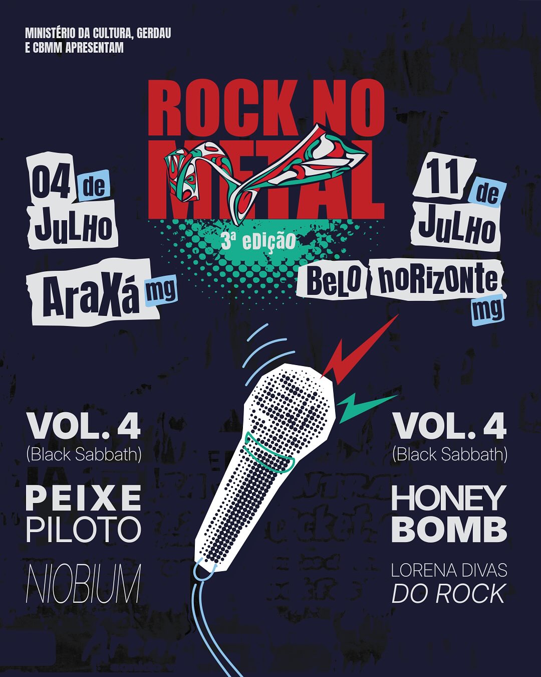 Foto de capa de divulgação do "Rock no Metal", contendo foto de um microfone no centro da imagem, as participações no lado inferior direito e o dia do evento na parte superior direita