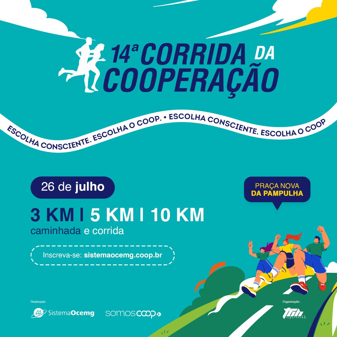 Cartaz publicitário em tons de azul e verde sobre a "14ª CORRIDA DA COOPERAÇÃO". O topo traz o título com o ícone de um casal correndo. O centro destaca as informações: data "26 de julho", local "PRAÇA NOVA DA PAMPULHA", as modalidades "3 KM | 5 KM | 10 KM - caminhada e corrida" e o site para inscrições. A base mostra uma ilustração colorida de três pessoas correndo alegremente e as marcas dos realizadores e organizadores.