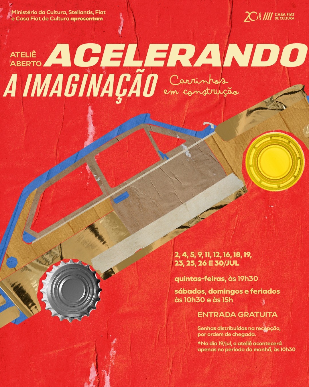 Foto de capa para o ateliê "Acelerando a Imaginação". Na imagem, fundo vermelho com um carrinho formado por materiais reciclados, constando data, horario para o evento e o local 