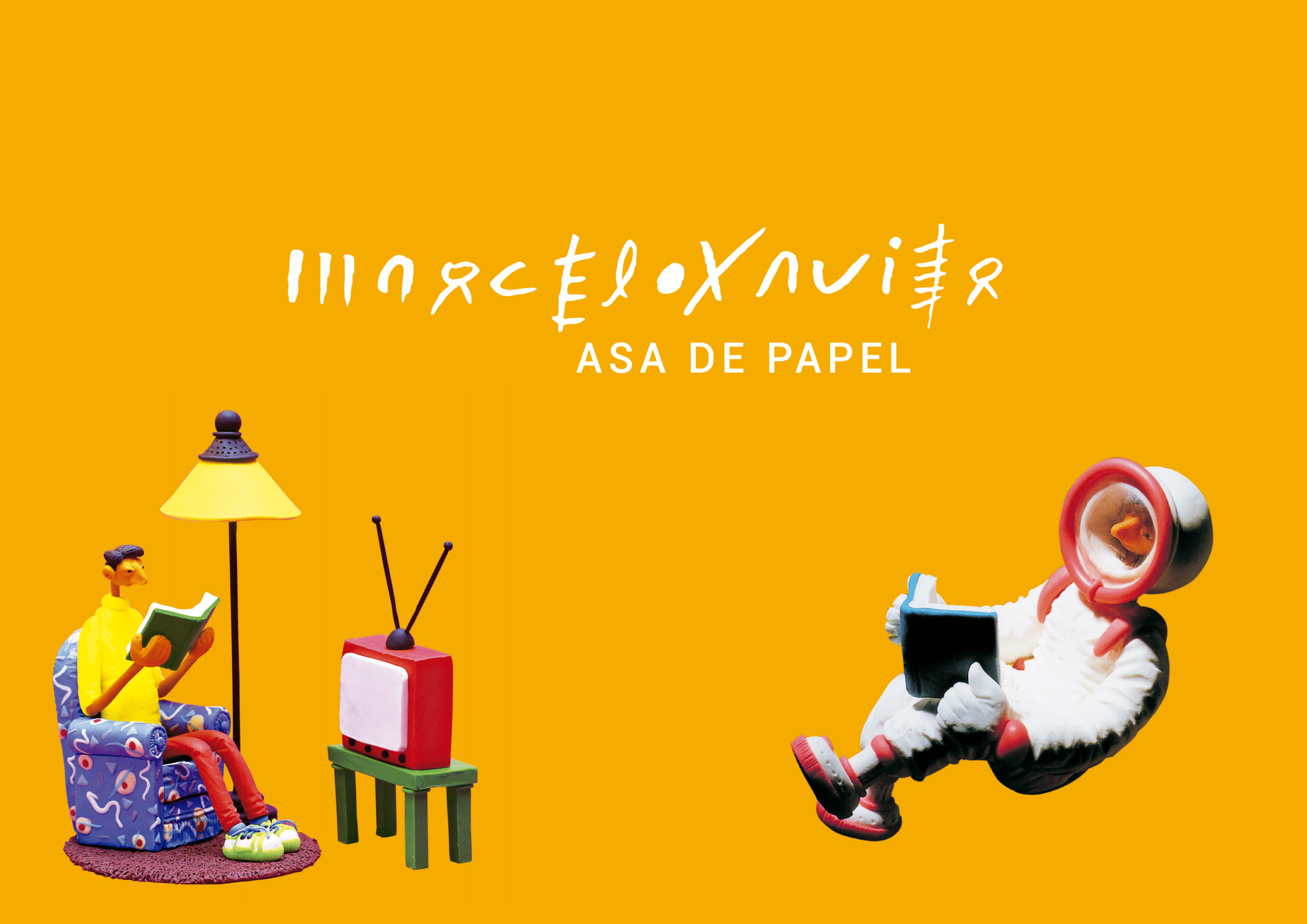 Foto de capa para a exposição "asa de papel" do Marcelo Xavier. Fundo amarelo, nome da exposição centralizada na cor branca no centro da imagem