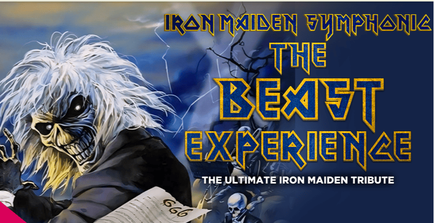Cartaz do evento "Iron Maiden Symphonic - The Beast Experience". Do lado esquerdo, destaca-se o mascote Eddie com longos cabelos brancos e expressão agressiva, regendo com uma partitura que traz o número "666". Do lado direito, em letras estilizadas amarelas e azuis, destaca-se o título principal, acompanhado da frase em branco: "The Ultimate Iron Maiden Tribute".