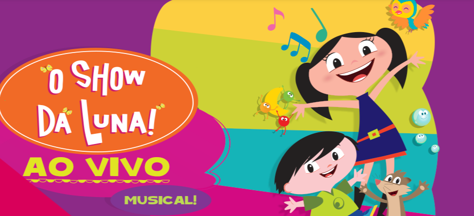 Cartaz infantil colorido. Do lado direito, estão os personagens Luna, Júpiter e o furão Cláudio sorridentes, cercados por notas musicais e pequenos elementos lúdicos. Do lado esquerdo, sobre um fundo roxo, destaca-se um logotipo oval laranja com o título "O SHOW DA LUNA! AO VIVO" em letras brancas e verdes, acompanhado da palavra "MUSICAL!" logo abaixo.