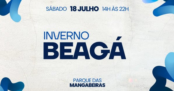 Cartaz com fundo texturizado claro, imitando uma parede de concreto ou papel antigo. Nas bordas laterais, há formas fluidas e abstratas em tons de azul escuro e azul claro. No centro, o texto principal diz em letras maiúsculas e em tons de azul: "INVERNO BEAGÁ". No topo do cartaz está escrito "SÁBADO 18 JULHO | 14H ÀS 22H". Na parte inferior central, lê-se "PARQUE DAS MANGABEIRAS".