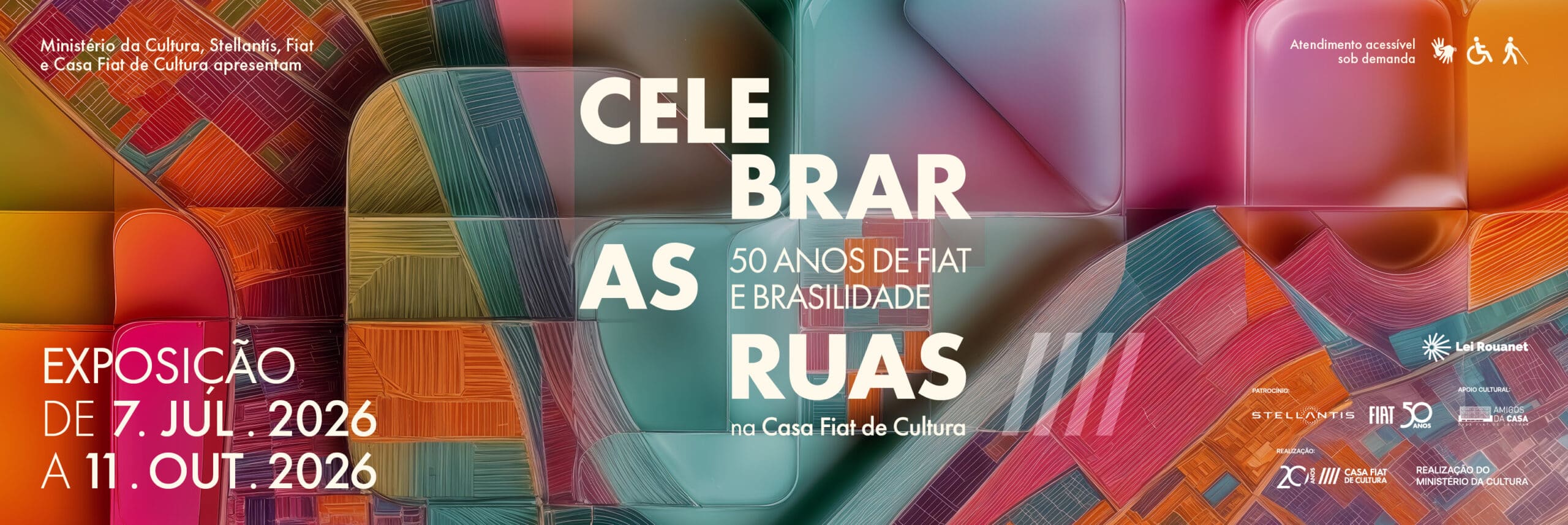 Foto de capa de divulgação para a exposição "Celebrar as ruas: 50 anos de Fiat e brasilidade" na casa Fiat de cultura