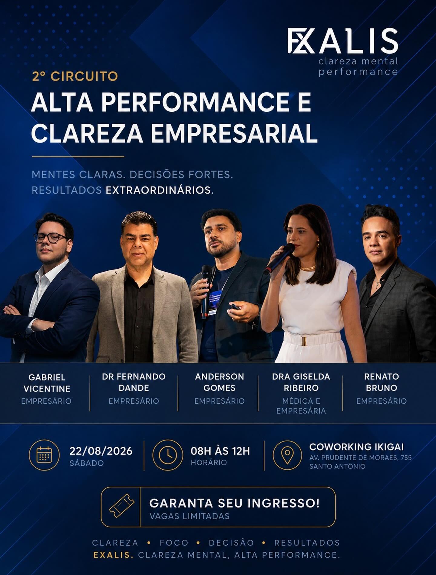 Foto de capa para divulgação do evento " Circuito de Alta Performance e Clareza Empresarial", contendo fotos dos 5 palestrantes, data e local do evento