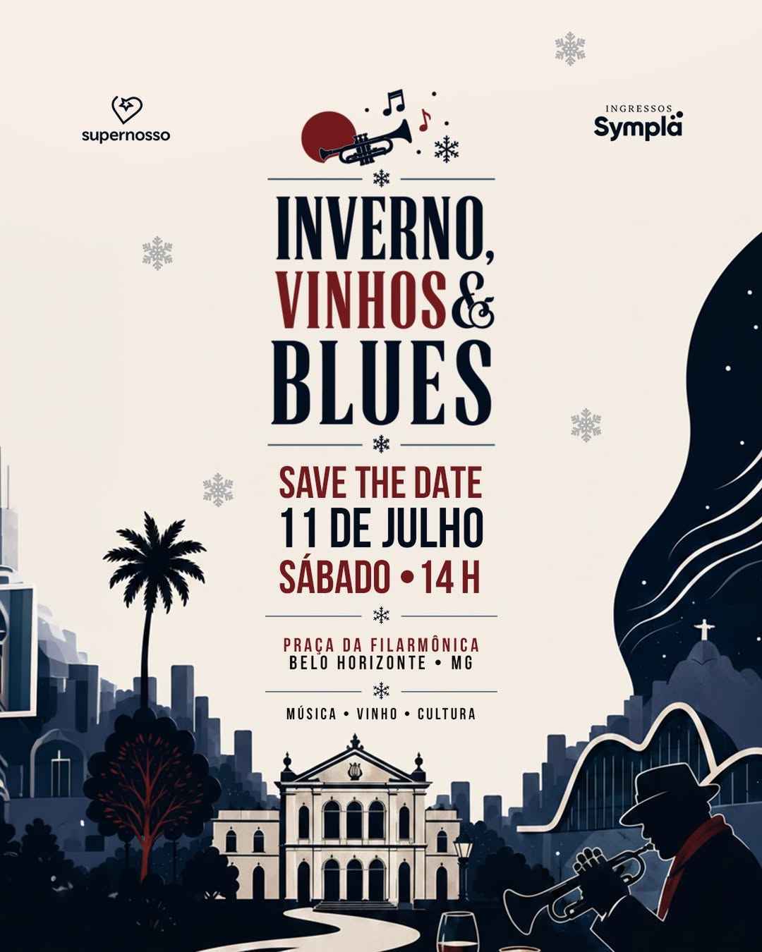 Foto de capa para o festival "Inverno, Vinhos & Blues", contendo data e local do evento 