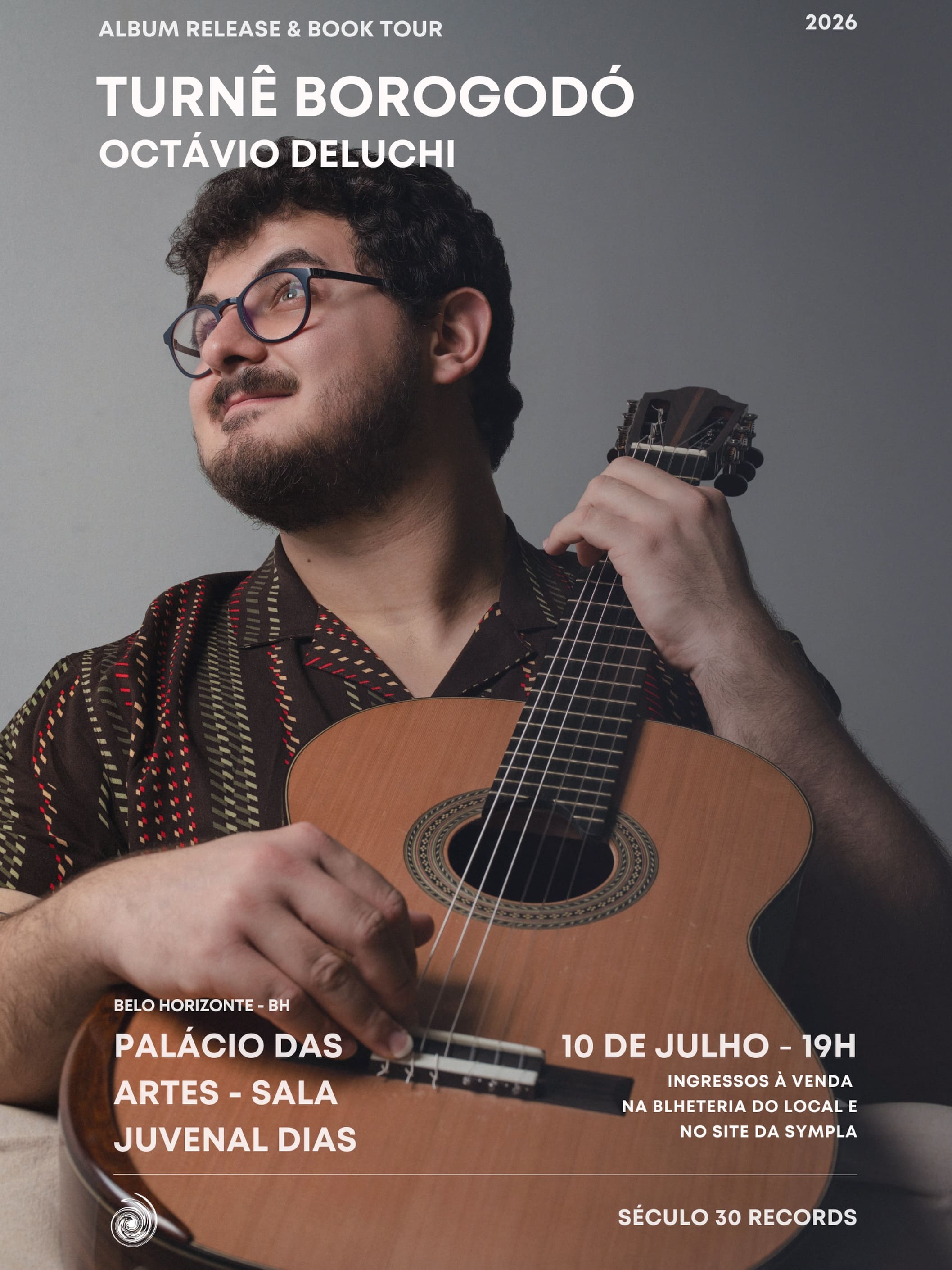 Foto de capa de divulgação contendo foto do cantor Octávio Deluchi segurando um violão e informações do local e data do evento