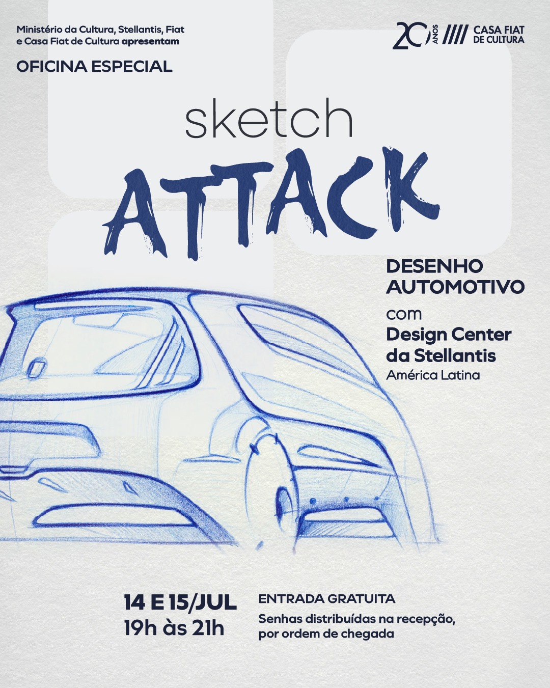 Foto de capa para a oficina "Desenho automotivo" na casa fiat nos dias 14 e 15 de julho, celebrando os 50 anos da marca Fiat 