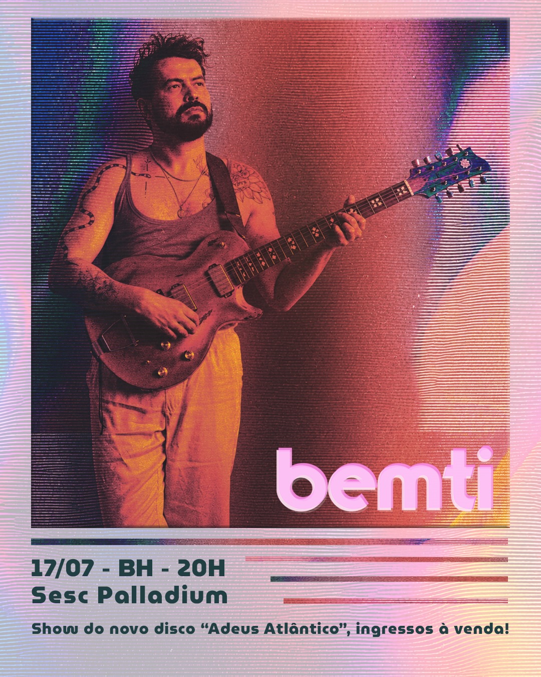 Foto de capa para o show do cantor Bemti no dia 17 de julho no Sesc Palladium 
