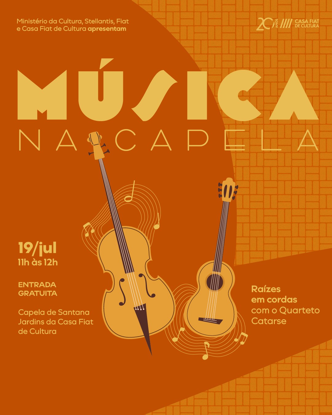 Foto de capa da "Música na capela" com fundo em tons de laranja, ilustração de dois instrumentos musicais, contendo dia e horário do evento 
