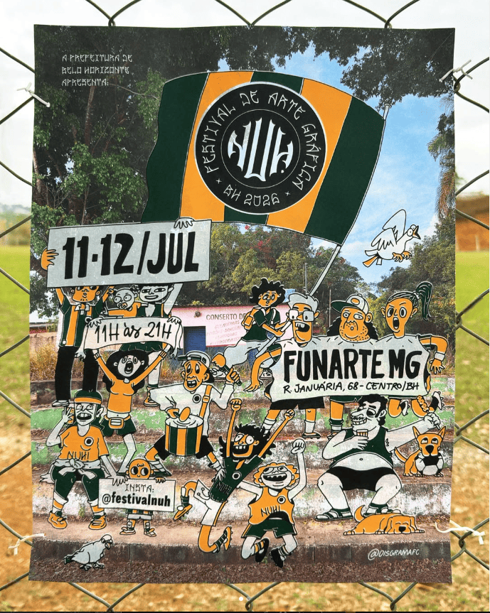 Cartaz com ilustrações em estilo de história em quadrinhos, nas cores verde, amarelo, branco e preto. A imagem simula uma arquibancada repleta de torcedores ou manifestantes animados, acompanhados por cães e aves. No topo, uma grande bandeira listrada traz o logotipo redondo do "Festival de Arte Gráfica - BH 2026". Os personagens seguram faixas que anunciam o evento: "11-12/JUL", "11h às 21h" e o local "FUNARTE MG - R. Januária, 68 - Centro/BH