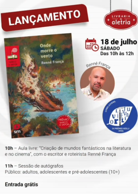 Foto de capa de divulgação para o lançamento do livre "Onde o vento morre" no dia 18 de julho na livraria da aletria