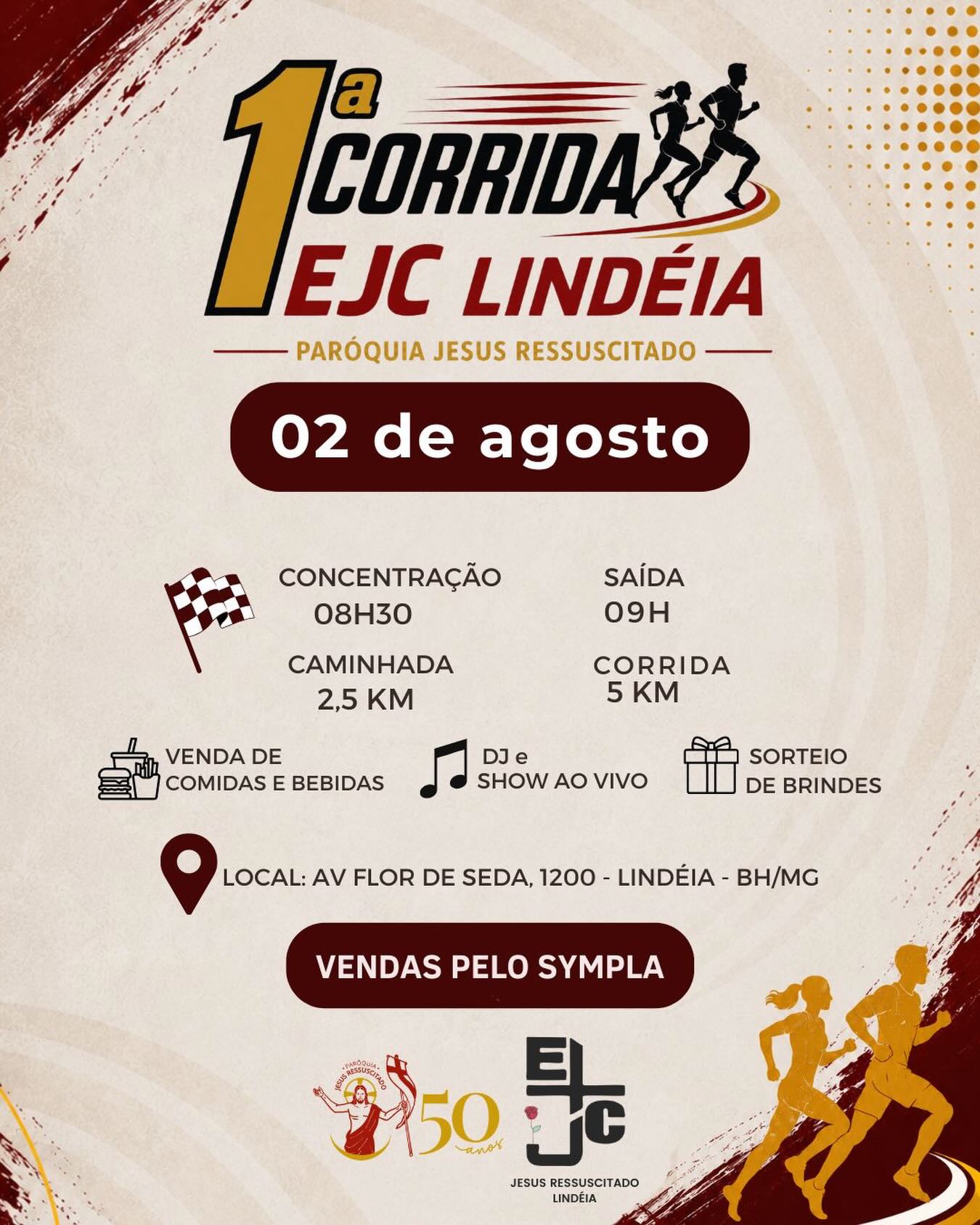 Banner com fundo bege e informações sobre o evento em marrom, preto e amarelo