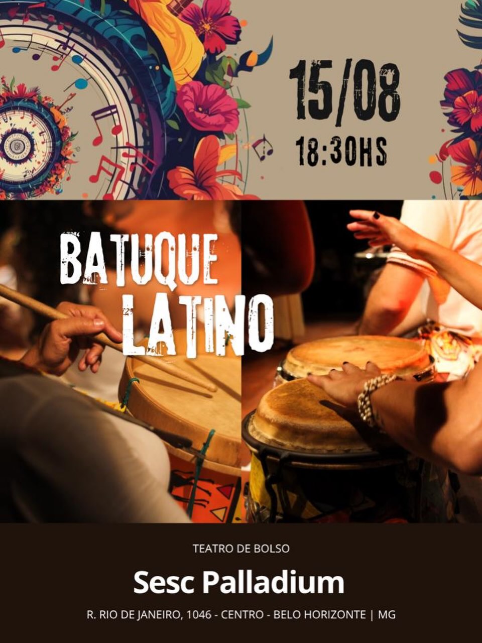 Foto de capa para o evento do Batuque Latino no dia 15 de agosto, no Sesc Palladium 
