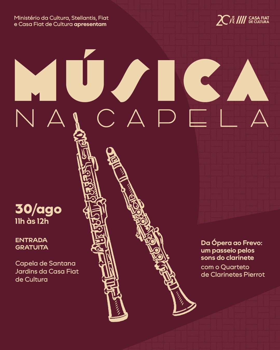 Foto de capa para o evento "Música na capela" no dia 30 de agosto na casa fiat de cultura