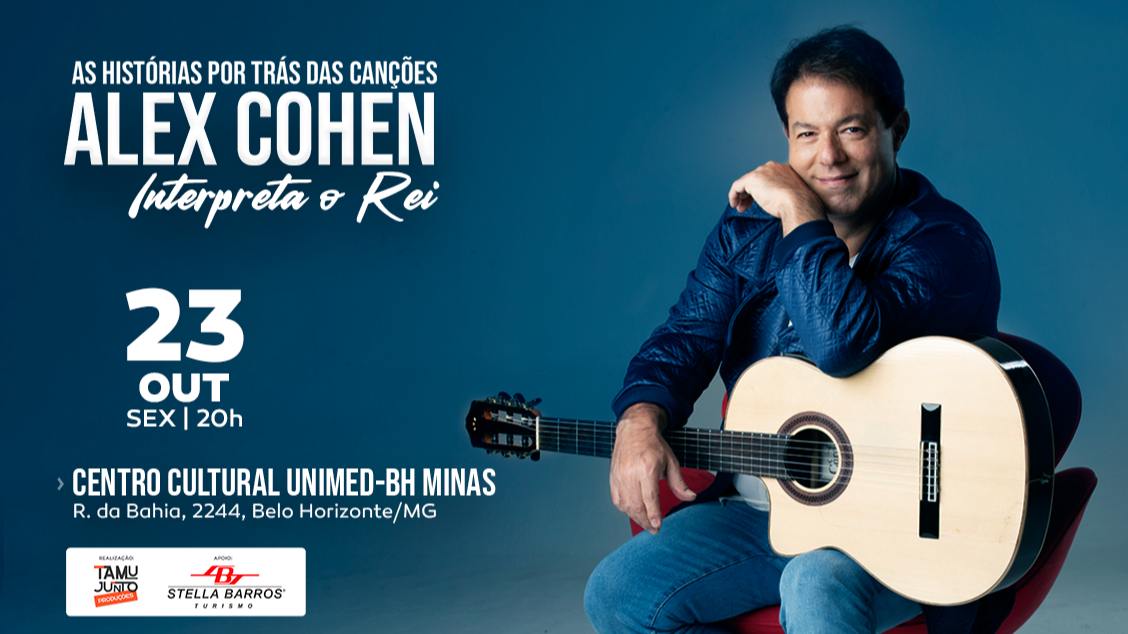 Foto de capa para o show do cantor Alex Cohen no dia 23 de outubro no teatro do centro cultural unimed-bh 