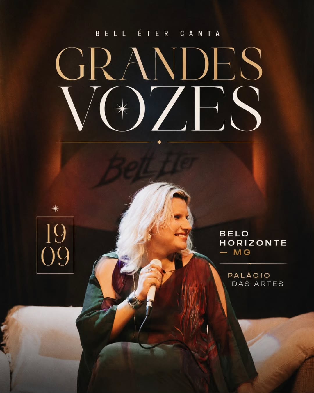 Foto de capa para o show da cantora Bell Éter no dia 19 de setembro no palácio das artes 