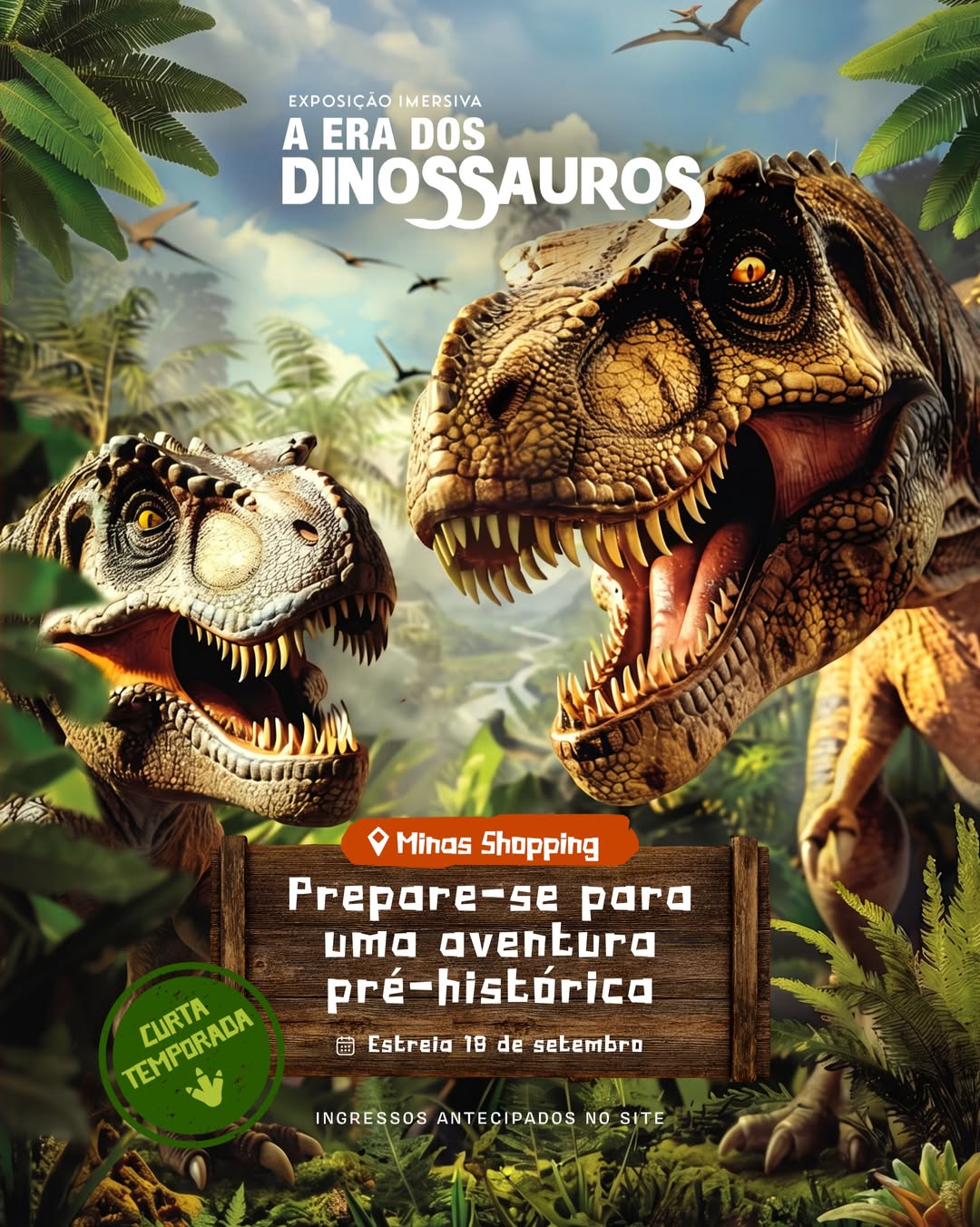 Foto de capa para a exposição projetada "A Era Dos Dinossauros" no minas shopping dos dias 18 a 27 de setembro