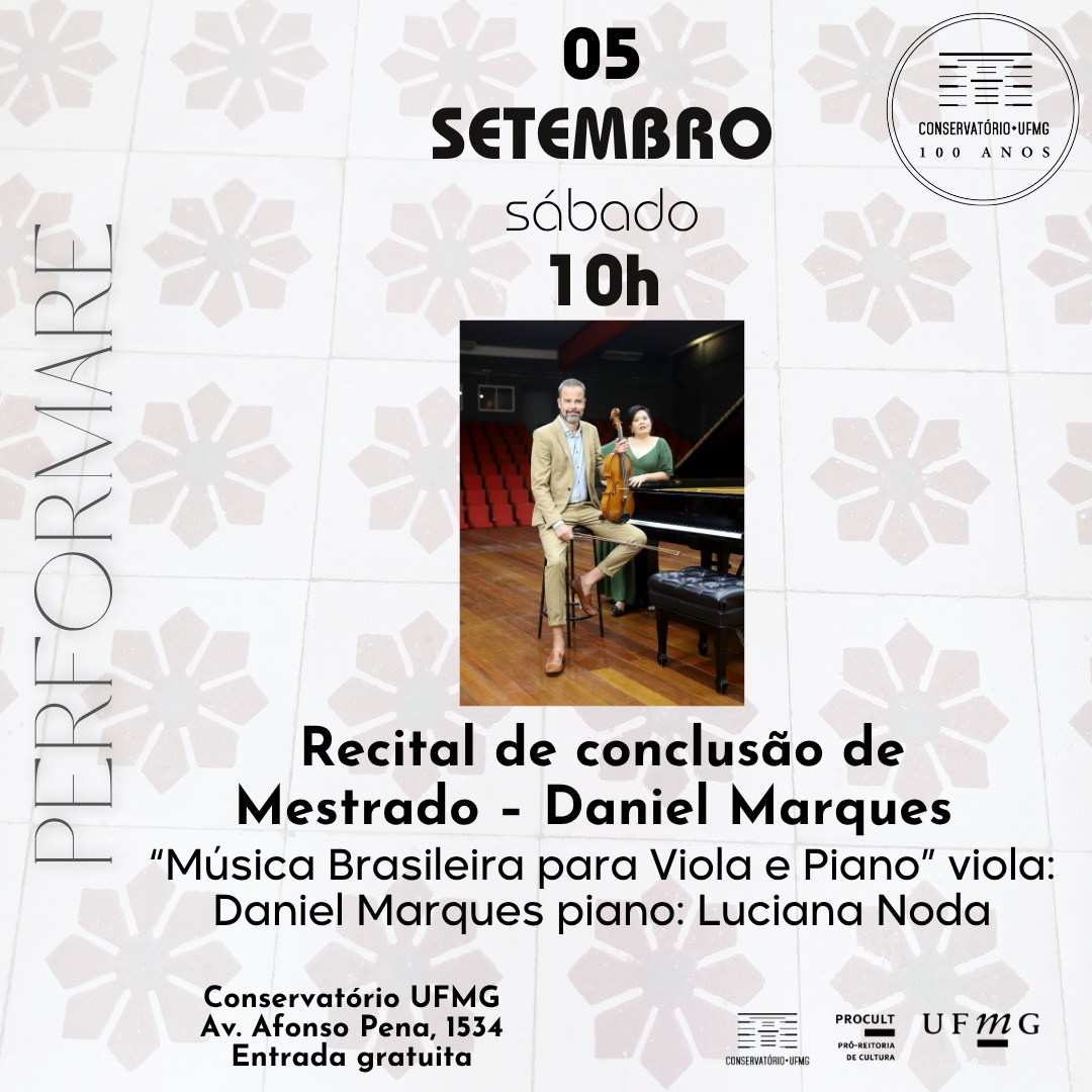 Foto de capa para o recital de conclusão de mestrado do violinista Daniel Marques no dia 5 de setembro, as 10 horas, no conservatório da UFMG
