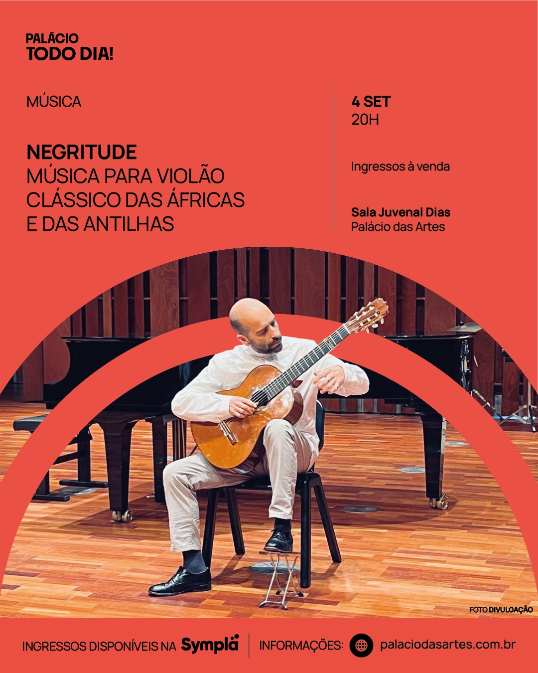 Foto de capa para o concerto artistico "Negritude - Música para Violão Clássico das Áfricas e das Antilhas" no dia 4 de setembro no palácio das artes 