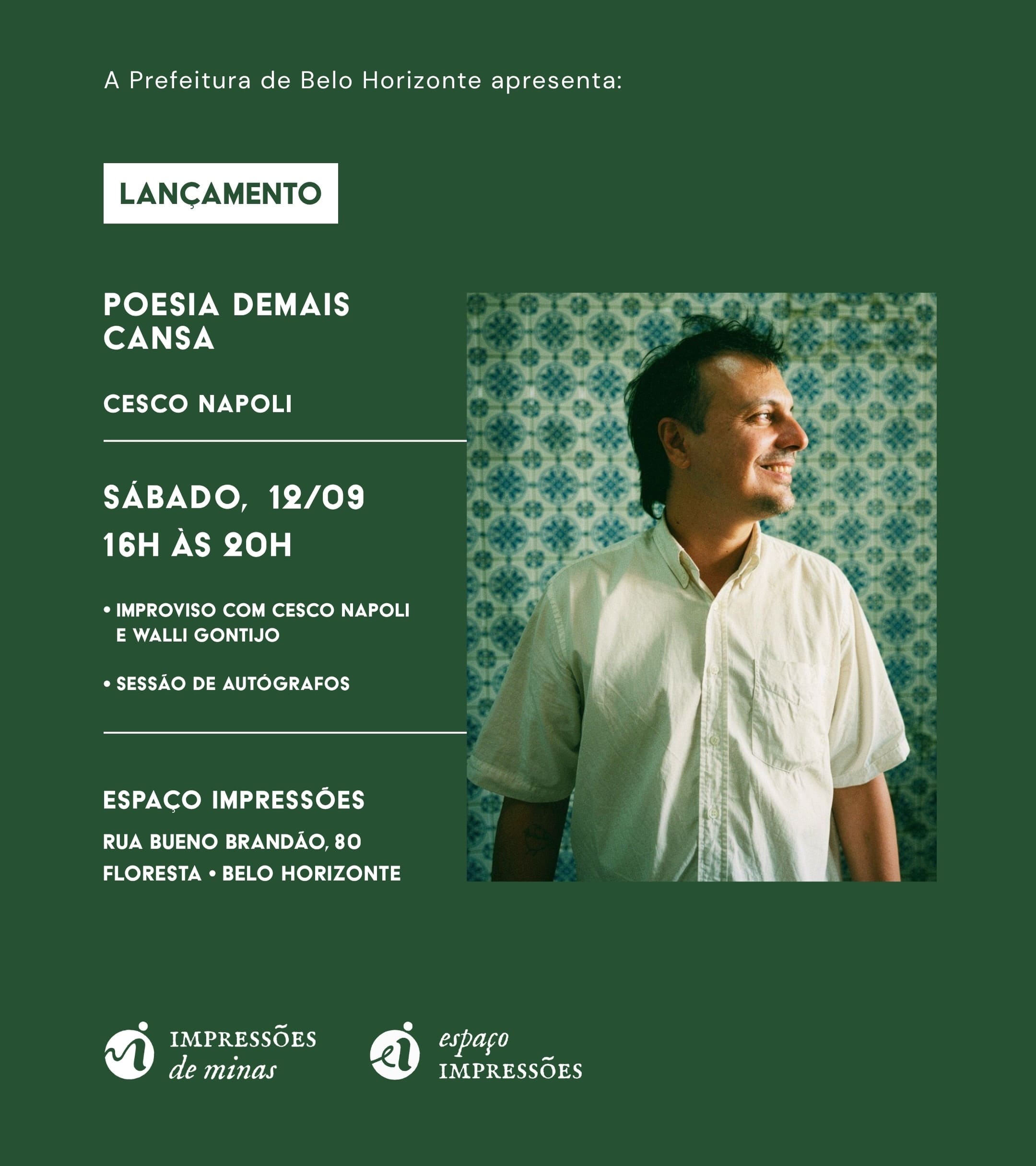 Foto de capa de divulgação para o lançamento do livro “Poesia Demais Cansa” do escritor Cesco Napoli