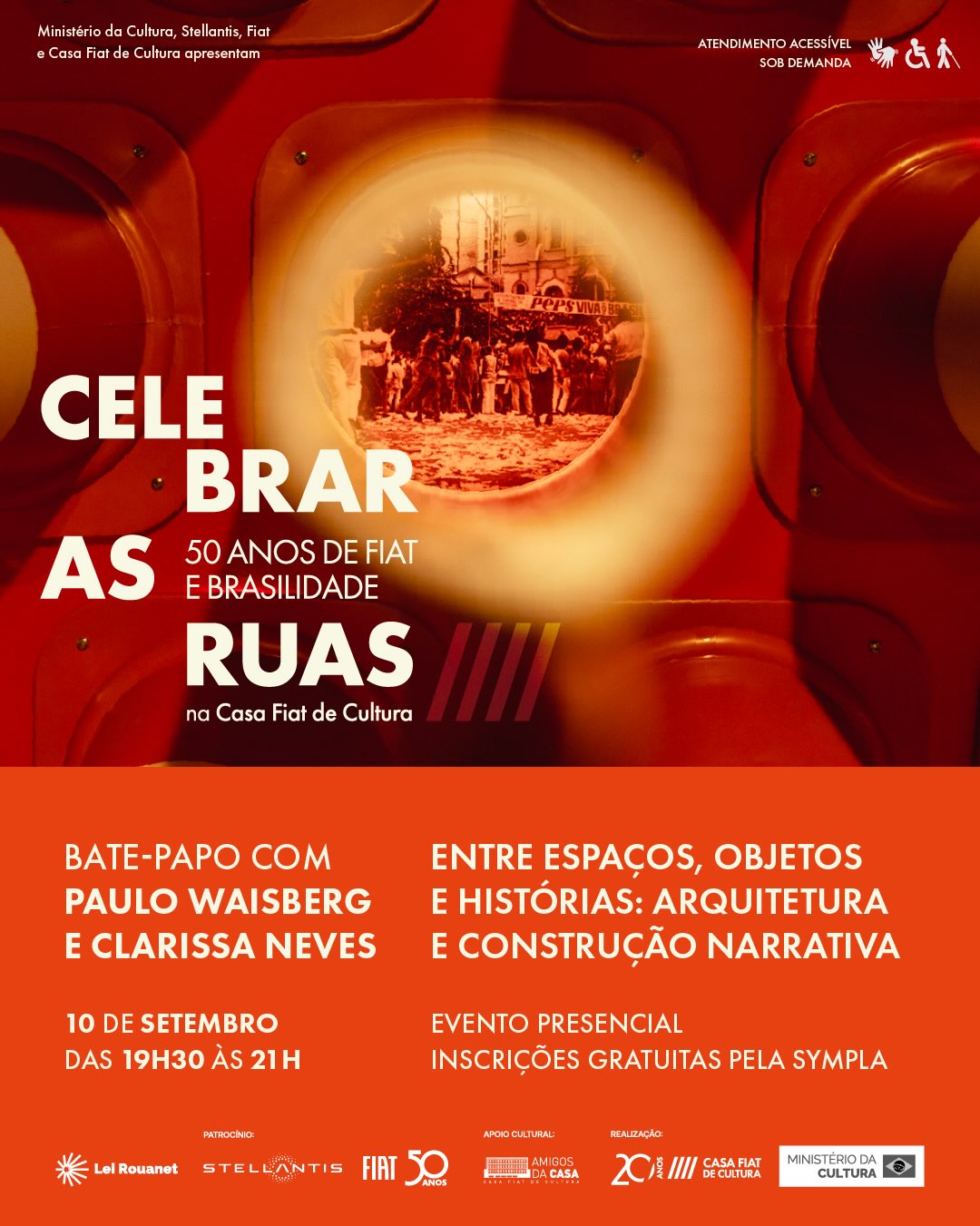 Foto de capa de divulgação para a palestra "Entre espaços, objetos e histórias: arquitetura e construção narrativa" com Paulo Waisberg e Clarissa Neves na casa fiat de cultura