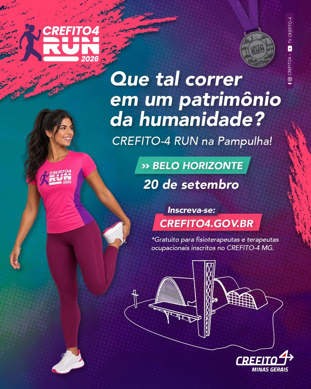 Foto de capa para a corrida Crefito-4 Run com foto de uma corredora aquecendo, o simbolo da igreja da pampulha no fundo e informação de local e data 
