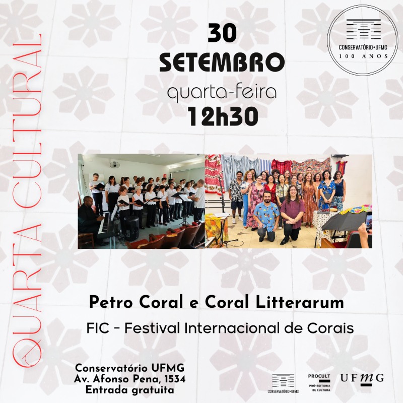 Foto para divulgação do encontro do Coral Litterarum e PETROCORAL na FIC no conservatório da UFMG