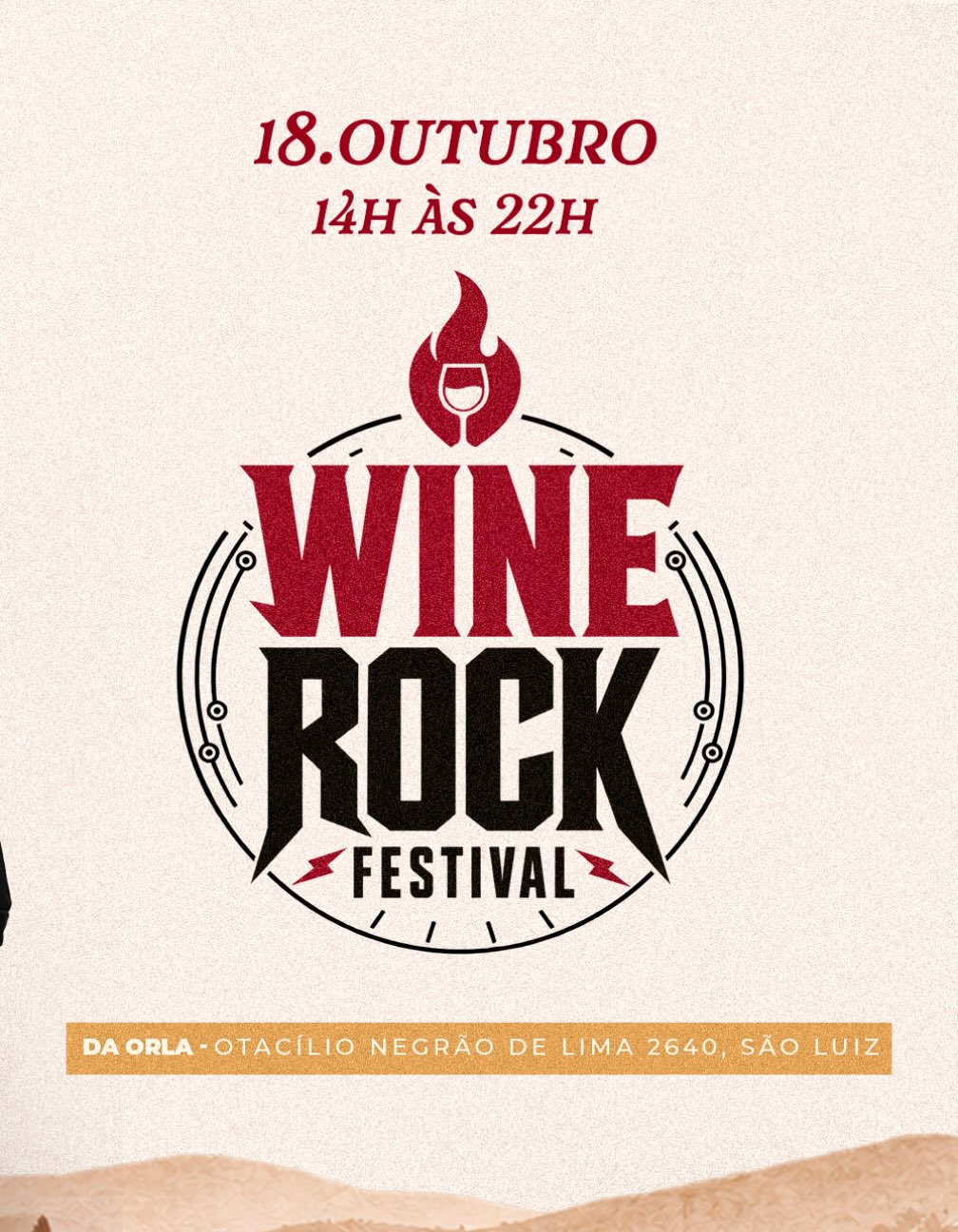 Foto de capa para o Festival Wine Rock contendo a data (18 de outubro) e a slogan do evento 