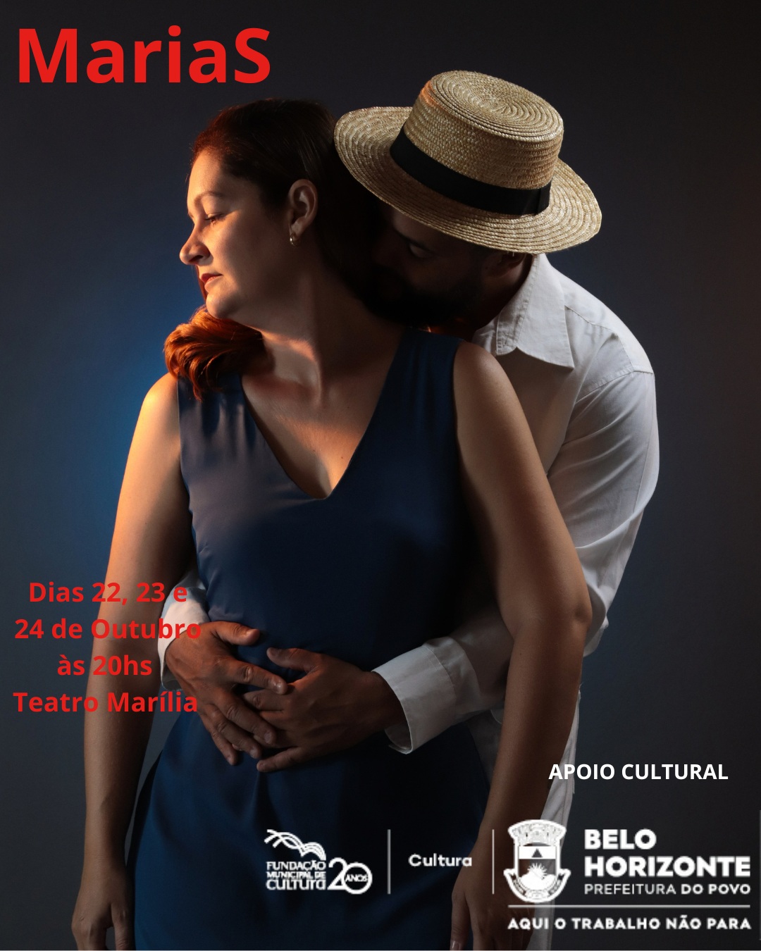 Foto de capa para o espetáculo no Teatro Raul Belém nomeado como "Marias", nos dias 22 a 24 de outubro 