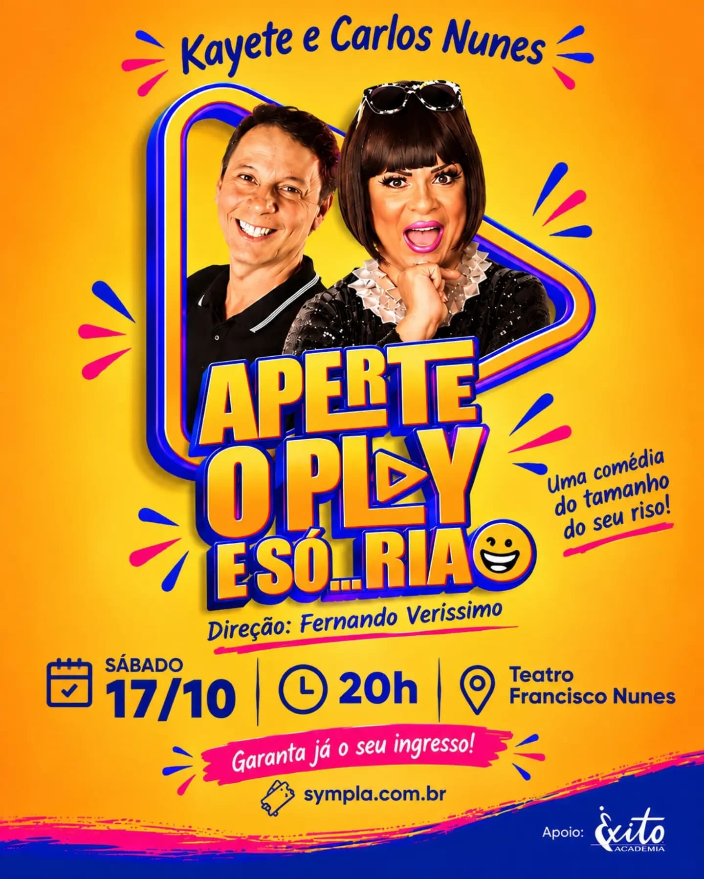 Foto de capa para o espetáculo "Aperte o play e só... ria" com Kayete e Carlos Nunes, no dia 17/10 as 20 horas no teatro Francisco Nunes 