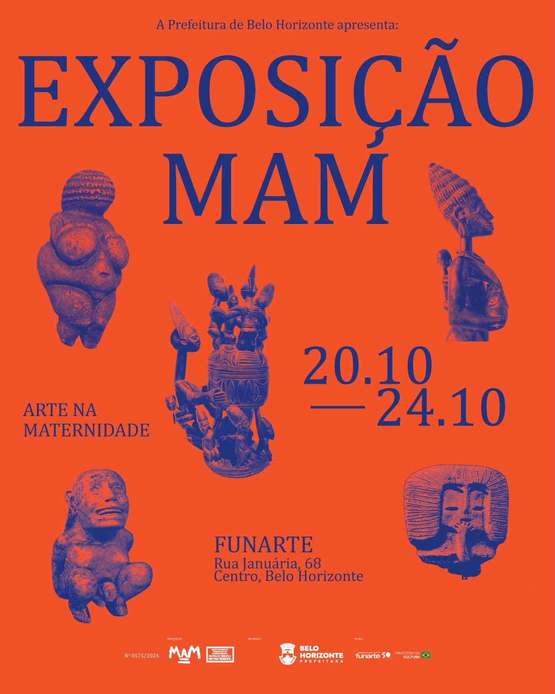 Foto de capa para a exposição "MAM" na Funarte nos dias 20 a 24 de Outubro. Plano de fundo laranja com elementos da exposição na cor azul 