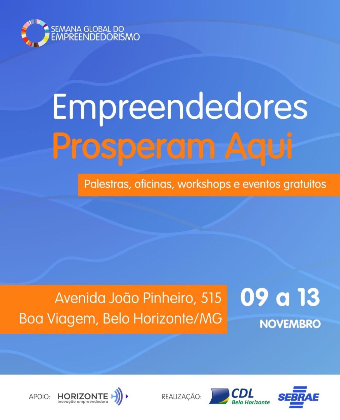 Foto descritiva com fundo azul e letras em branco e laranja contento a data para o evento e endereço 