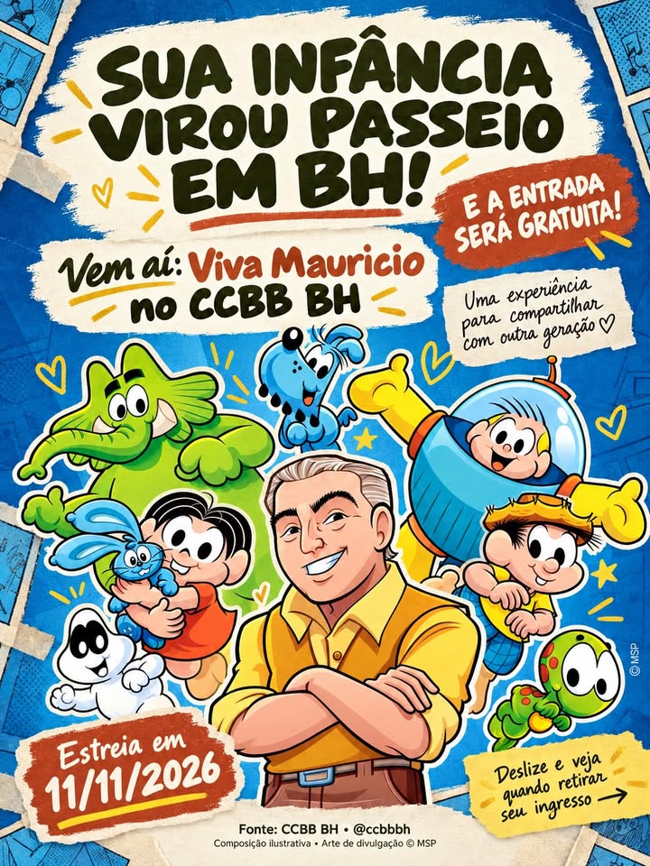 Foto de capa para a nova exposição no CCBB do Mauricio de Souza. Na foto o Mauricio e a turma da monica em forma de desenho, contendo também data e local sinalizado